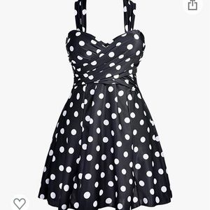 COCOPEAR Swim Dress One Piece Skirted Swimsuit Black w/ White Polka Dots